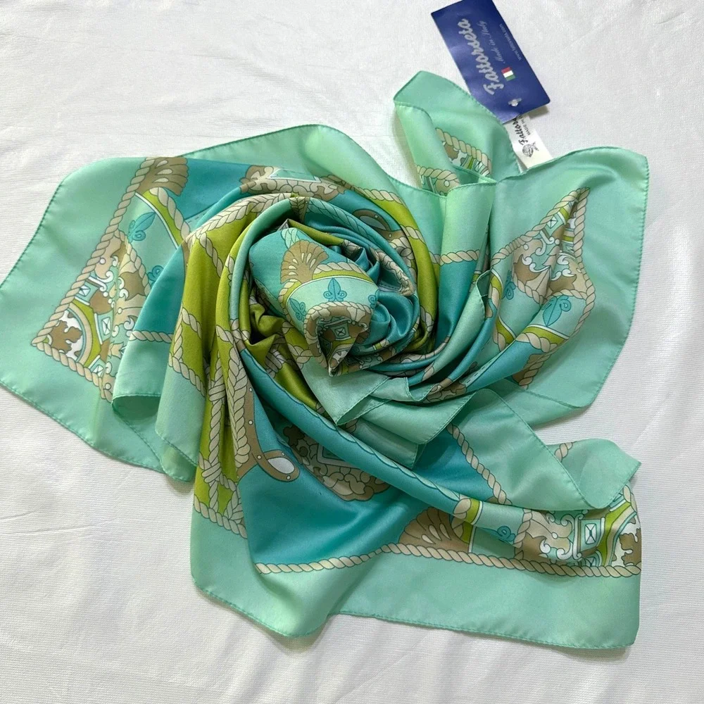 NWT Fattorseta Italy Satin Scarf Set 2 Pink Teal Nautical Equestrian Preppy Chic